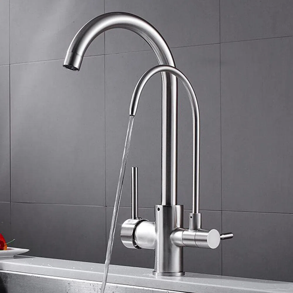 Rubinetto da Cucina in Ottone a 3 Vie con Acqua Calda e Fredda, Rubinetto purificatore d'Acqua 3 in 1, Finitura Cromo Avena, beccuccio Girevole per Un Facile utilizzo e Design Mode