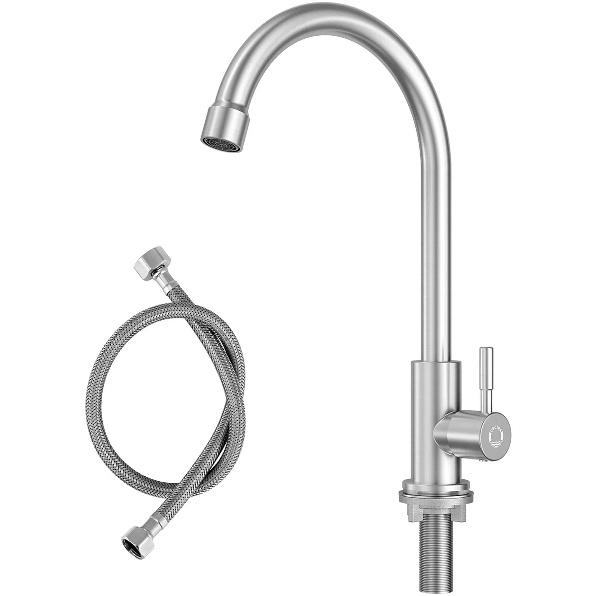 CECIPA Rubinetto per acqua fredda da cucina, solo acqua fredda con dadi in acciaio inox 304, spessore piastra fino a 4 cm, rubinetto acqua fredda con tubo di collegamento da 60 cm, X1, rubinetto da
