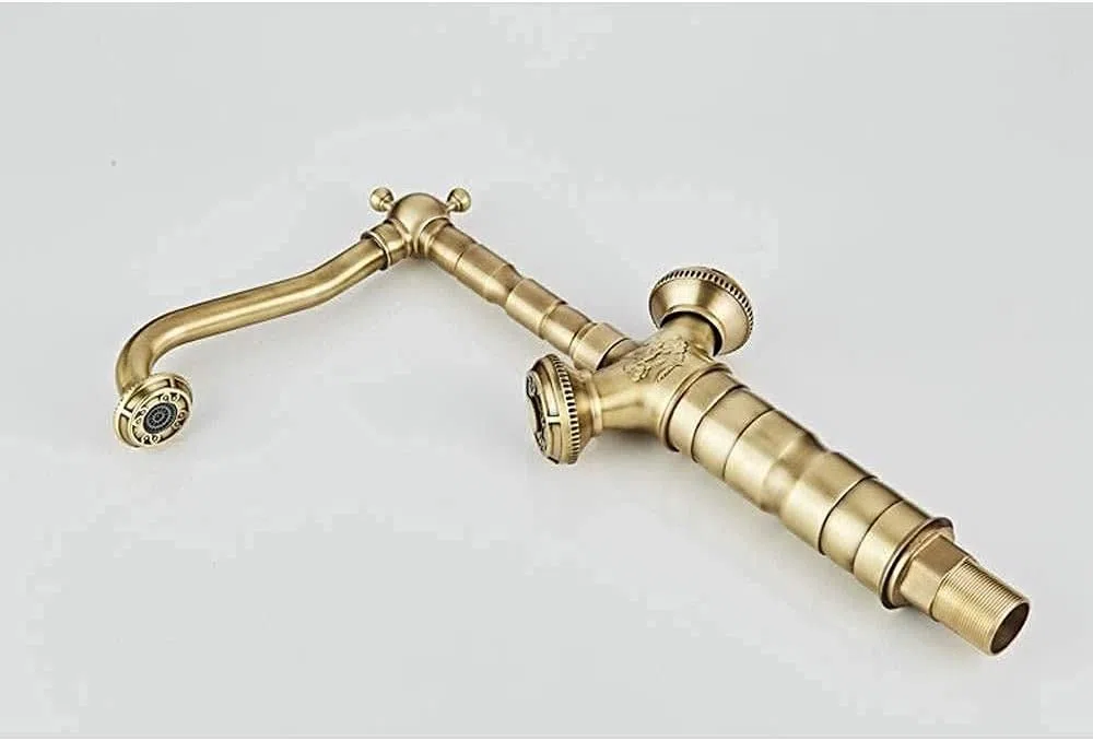 Rubinetto doppia maniglia in ottone antico da cucina in bronzo giallo