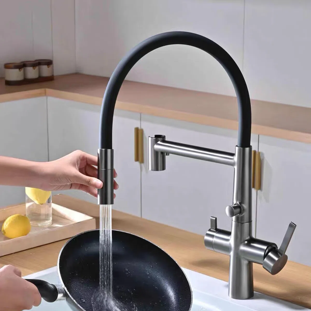 Rubinetto Miscelatore Moderno per Cucina e Bagno, a 3 Vie, Flessibile e Girevole, in Ottone, per Acqua purificata - Grigio