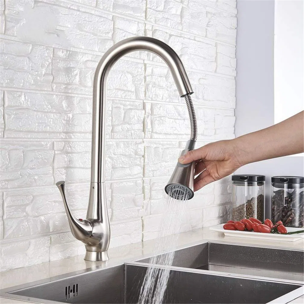 CHEWYNP Nichel Spazzolato ∕ Rubinetto da Cucina a Sfera Nera modalità di spruzzatura del Flusso Estraibile Rubinetto per Gru Miscelatore Caldo Freddo Montato sul Ponte Rubinetti di rotazio