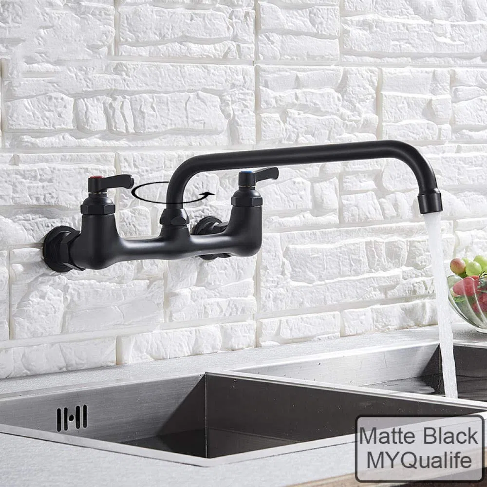 Huin Rubinetto da cucina con beccuccio lungo a parete Doppio manico Rubinetto per acqua calda e fredda antico in ottone 360 ​​Miscelatore da cucina girevole con beccuccio lungo