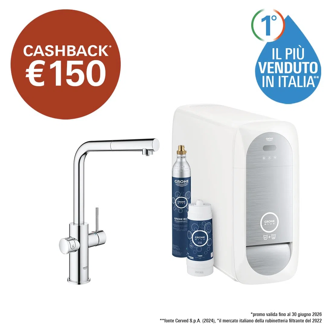 Grohe Blue Home Rubinetto per Lavello Cucina, Bocca a"L", con Doccetta Estraibile, Cromo e Filtro Acqua Incluso, 31539000