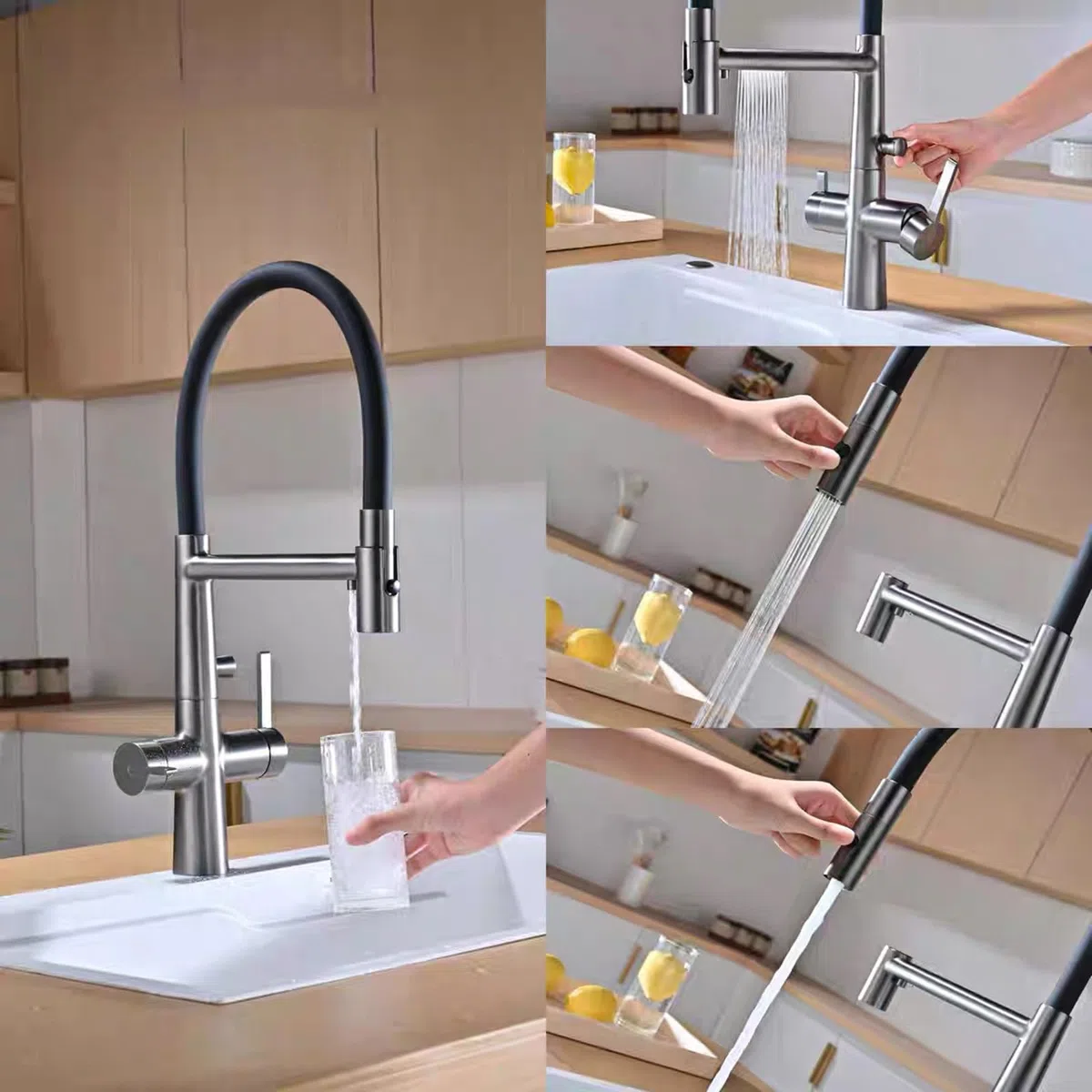 Rubinetto Miscelatore Moderno per Cucina e Bagno, a 3 Vie, Flessibile e Girevole, in Ottone, per Acqua purificata - Grigio