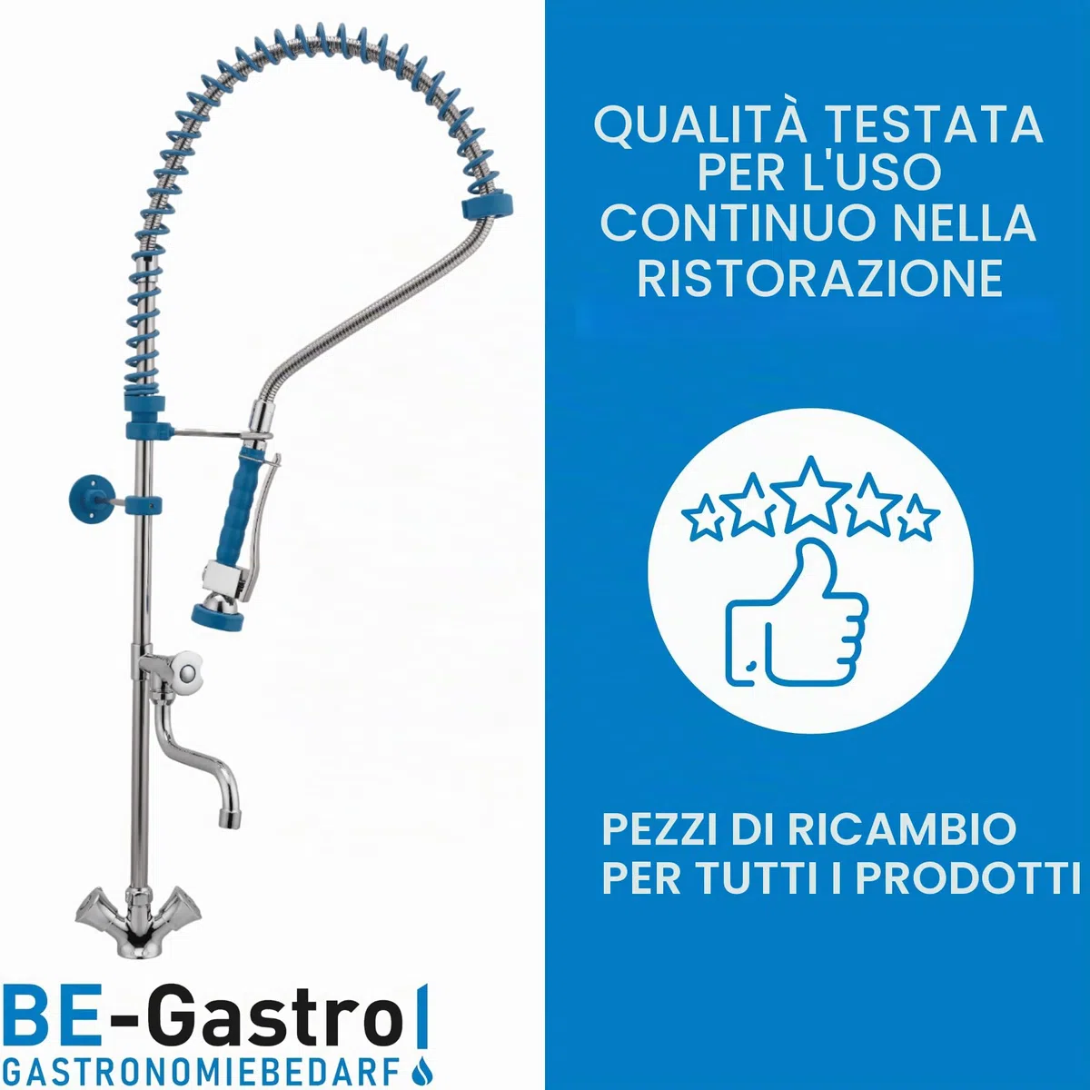 BE-GASTRO | Rubinetto professionale set di prelavaggio stoviglie per cucine di ristoranti Gruppo doccia con miscelatore monoforo, con manopole multigiro e Rubinetteria di servizio