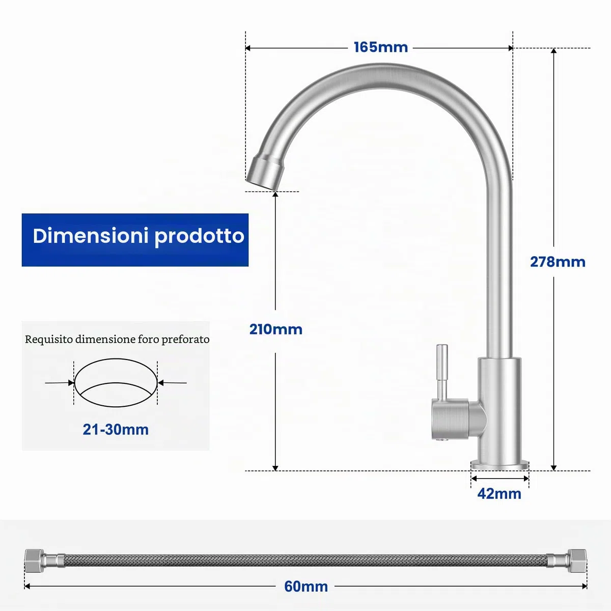 CECIPA Rubinetto per acqua fredda da cucina, solo acqua fredda con dadi in acciaio inox 304, spessore piastra fino a 4 cm, rubinetto acqua fredda con tubo di collegamento da 60 cm, X1, rubinetto da