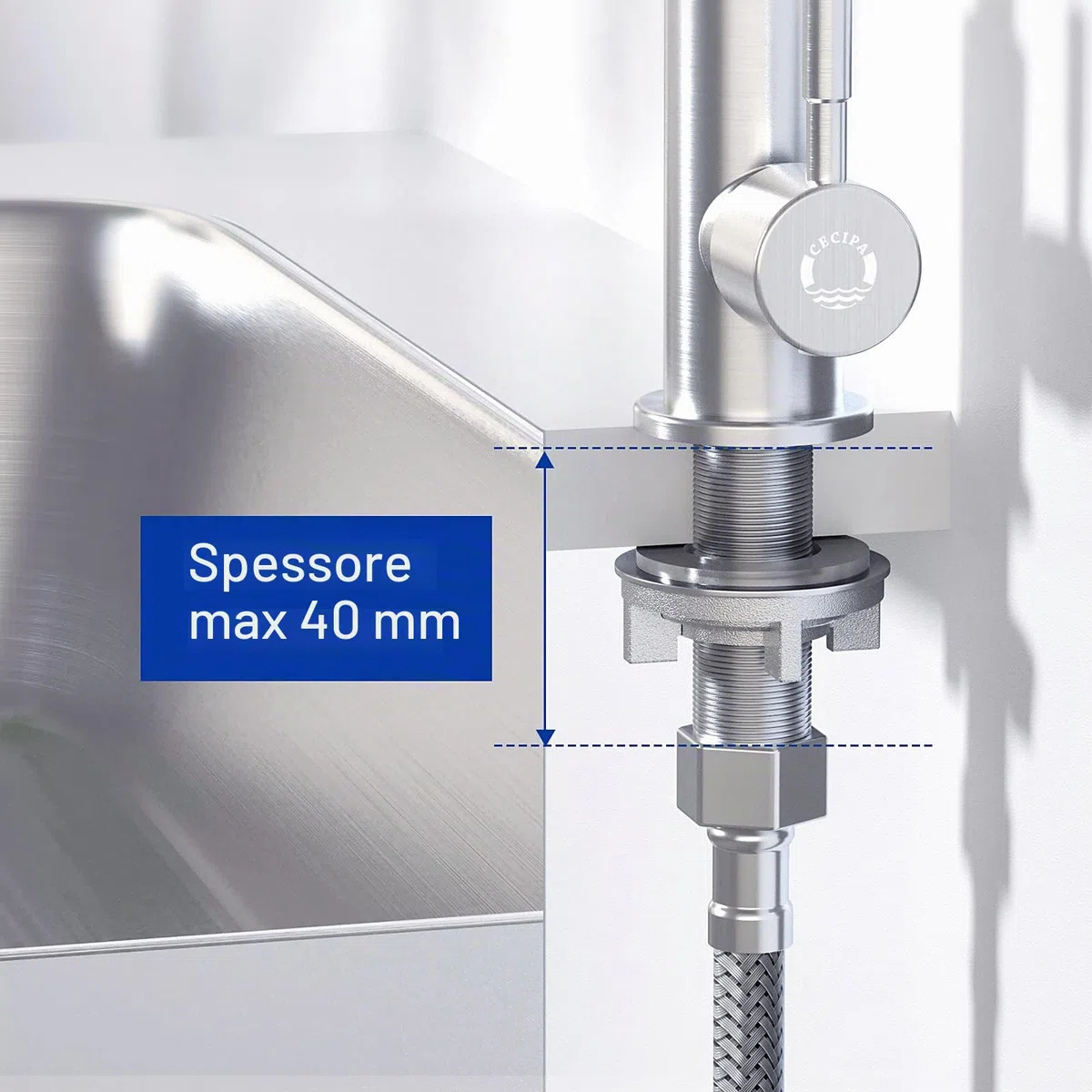 CECIPA Rubinetto per acqua fredda da cucina, solo acqua fredda con dadi in acciaio inox 304, spessore piastra fino a 4 cm, rubinetto acqua fredda con tubo di collegamento da 60 cm, X1, rubinetto da