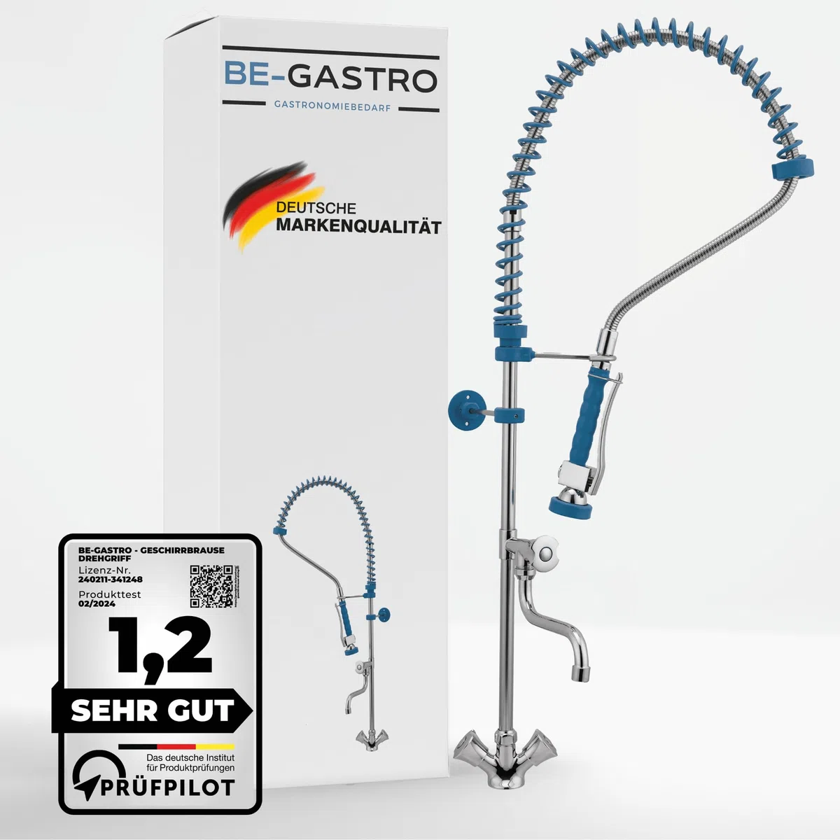 BE-GASTRO | Rubinetto professionale set di prelavaggio stoviglie per cucine di ristoranti Gruppo doccia con miscelatore monoforo, con manopole multigiro e Rubinetteria di servizio