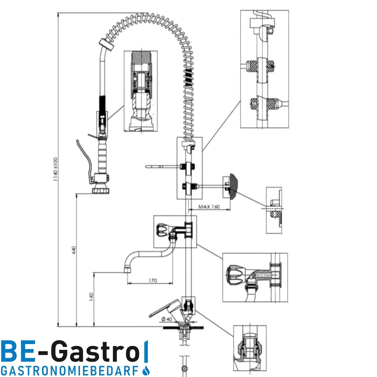 BE-GASTRO | Rubinetto professionale set di prelavaggio stoviglie per cucine di ristoranti Gruppo doccia con miscelatore monoforo, monocomando multigiro e Rubinetteria