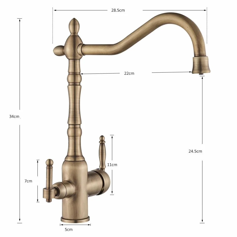 Ari Rubinetto da cucina a 3 vie, per acqua potabile, classico, retrò, con filtro dell'acqua, sistema di filtrazione a osmosi inversa, Nano Pad (ottone)