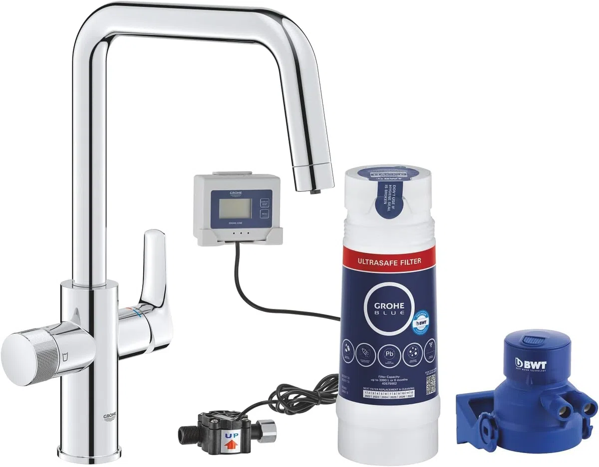 GROHE Blue Pure Start Starter Kit con Rubinetto Filtro Acqua, Bocca U, Filtro UltraSafe, Riduzione 99,999% Batteri e Microplastiche, Cromo, 30594000
