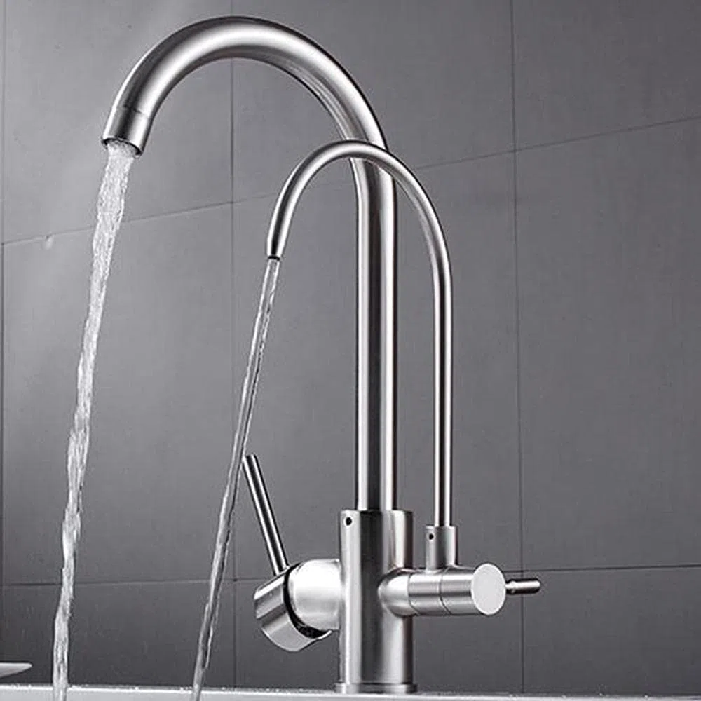 Rubinetto da Cucina in Ottone a 3 Vie con Acqua Calda e Fredda, Rubinetto purificatore d'Acqua 3 in 1, Finitura Cromo Avena, beccuccio Girevole per Un Facile utilizzo e Design Mode
