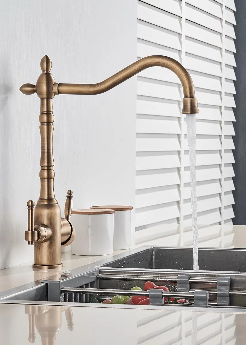 Ari Rubinetto da cucina a 3 vie, per acqua potabile, classico, retrò, con filtro dell'acqua, sistema di filtrazione a osmosi inversa, Nano Pad (ottone)