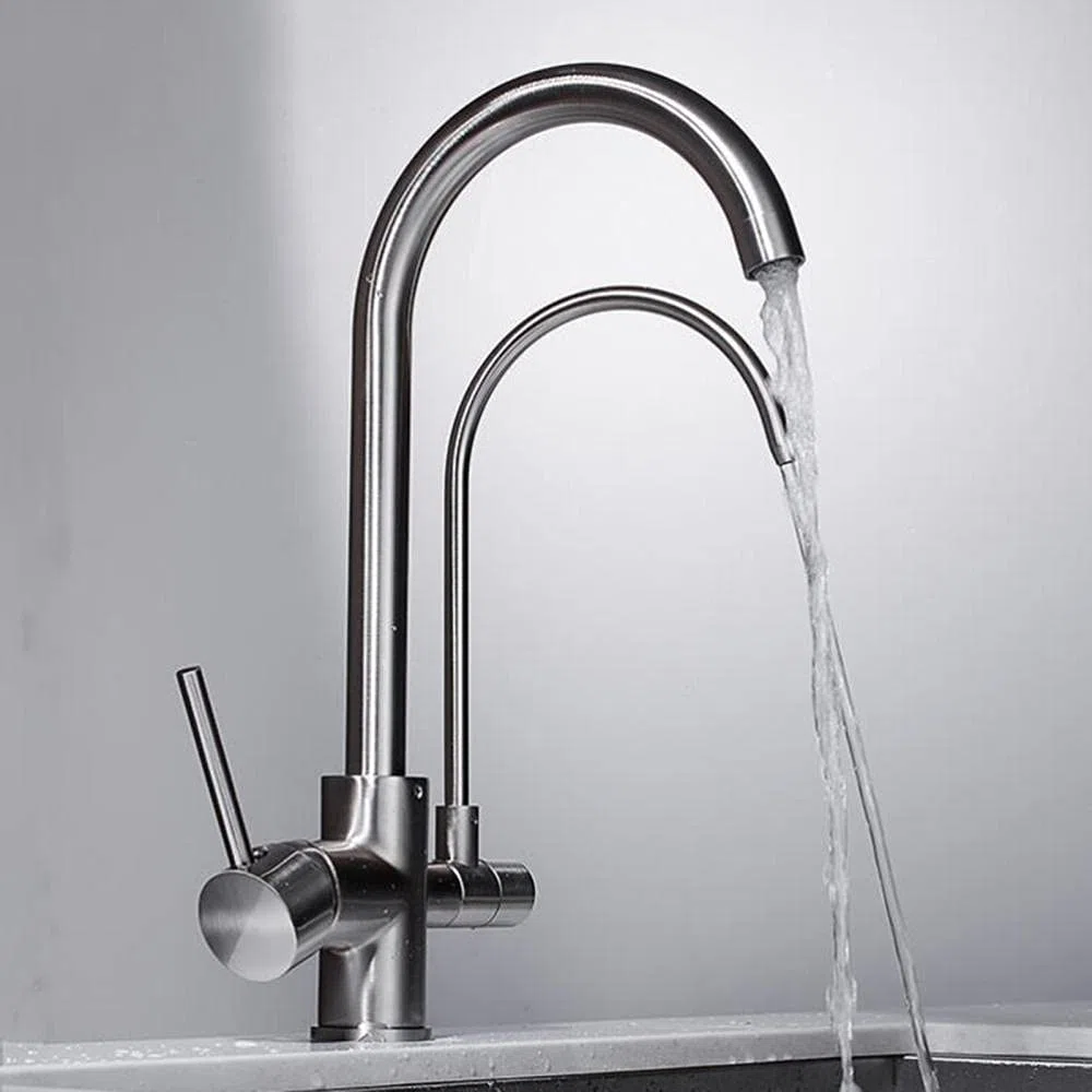 Rubinetto da Cucina in Ottone a 3 Vie con Acqua Calda e Fredda, Rubinetto purificatore d'Acqua 3 in 1, Finitura Cromo Avena, beccuccio Girevole per Un Facile utilizzo e Design Mode