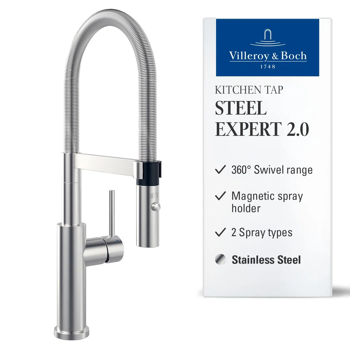 Villeroy & Boch Steel Expert 2.0 miscelatore cucina, 170 mm – Acciaio Inox | Funzione di commutazione, bocca girevole a 360° con molla a spirale, getto laminare, alta pressione, 928000LC