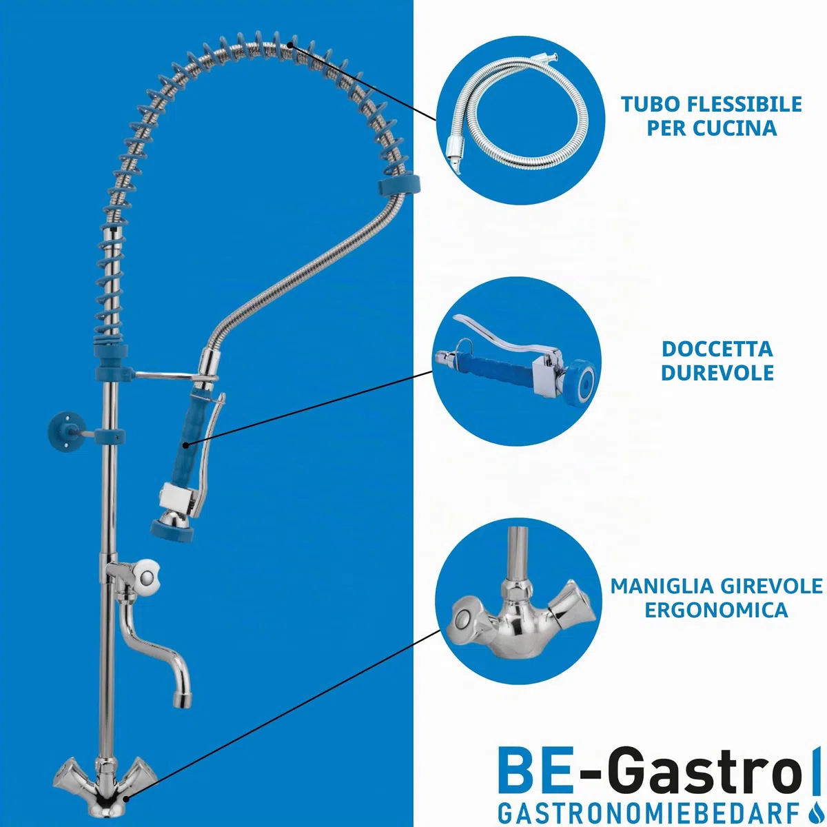 BE-GASTRO | Rubinetto professionale set di prelavaggio stoviglie per cucine di ristoranti Gruppo doccia con miscelatore monoforo, con manopole multigiro e Rubinetteria di servizio