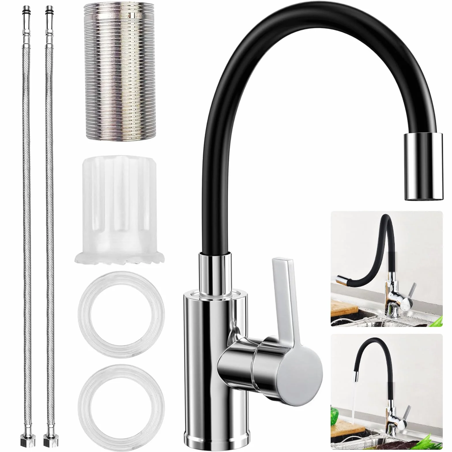 Rubinetto Lavello Cucina, Miscelatore Cucina Girevole 360° in Acciaio Inox con Beccuccio Flessibile, Monocomando Rubinetto Cucina Alta Pressione con Tubi Flessibili per Acqua Fredda e Calda