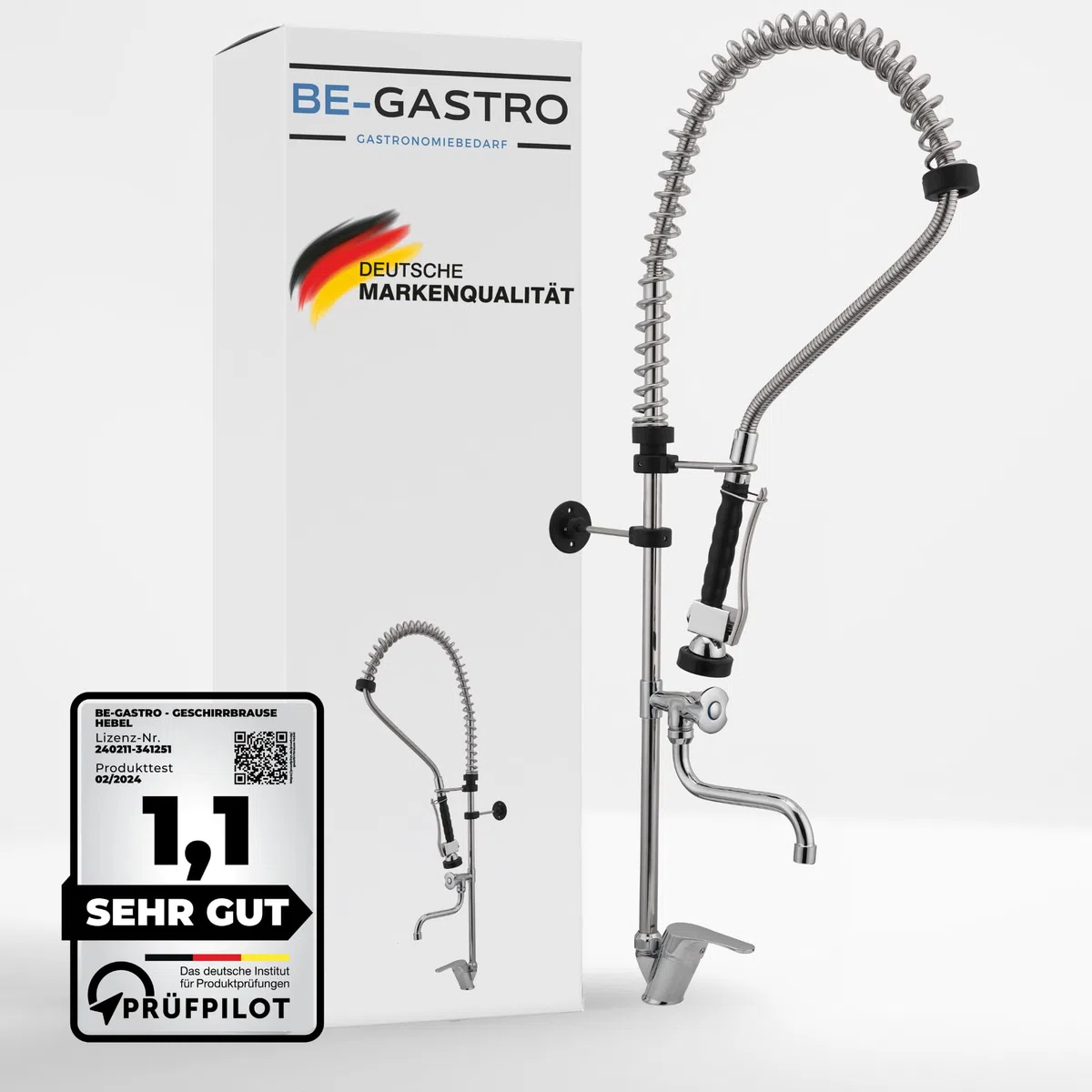 BE-GASTRO | Rubinetto professionale set di prelavaggio stoviglie per cucine di ristoranti Gruppo doccia con miscelatore monoforo, monocomando multigiro e Rubinetteria