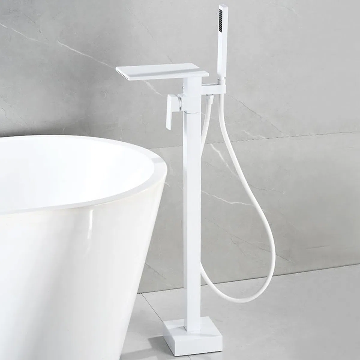Miscelatore Moderno per Cucina e Bagno, a Pavimento, a Cascata, in Ottone Bianco