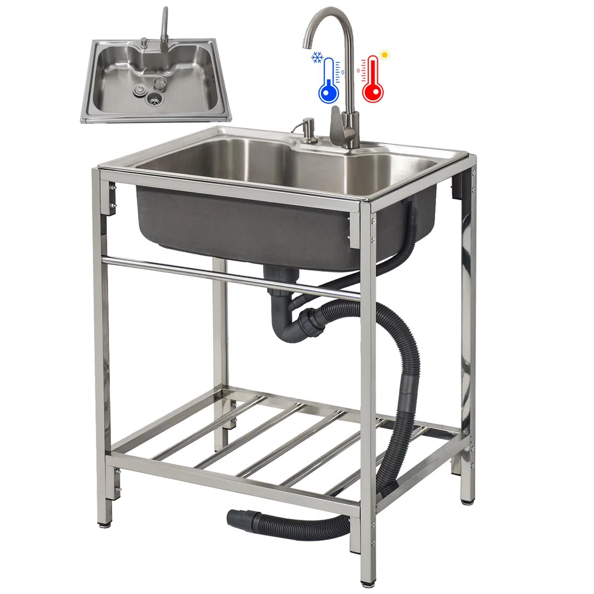 Fregadero de cocina Exterior con soporte, de Acero inoxidable, monoseno, grifo de Agua fría, para restaurantes, Uso comercial independiente (72x52x85cm)