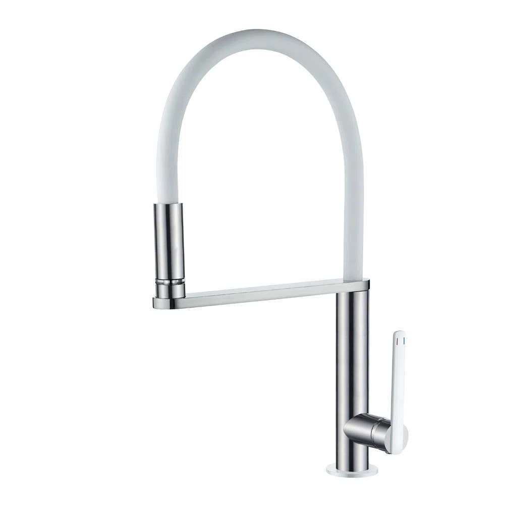 GRIFEMA Dove, Rubinetto da Cucina a LED con Cambio a 3 Colori, Miscelatore Lavello con Bocca Flessibile Bianco, Nichel Spazzolato