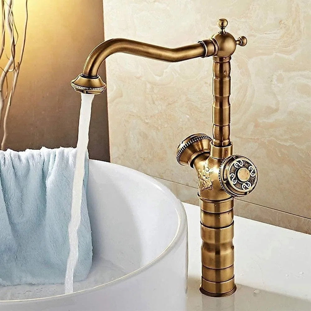 Rubinetto doppia maniglia in ottone antico da cucina in bronzo giallo