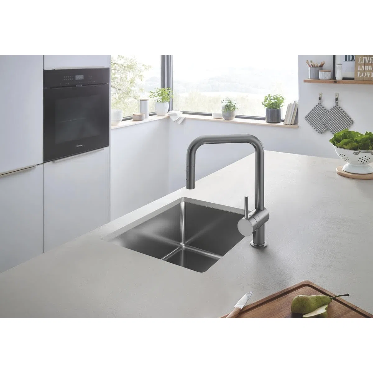 Grohe Miscelatore monocomando per lavello Minta, DN 15, 32322, Bocca a U, doccetta risciacquo Combinato, colorazione: Grafite Dura Spazzolata - 32322AL2