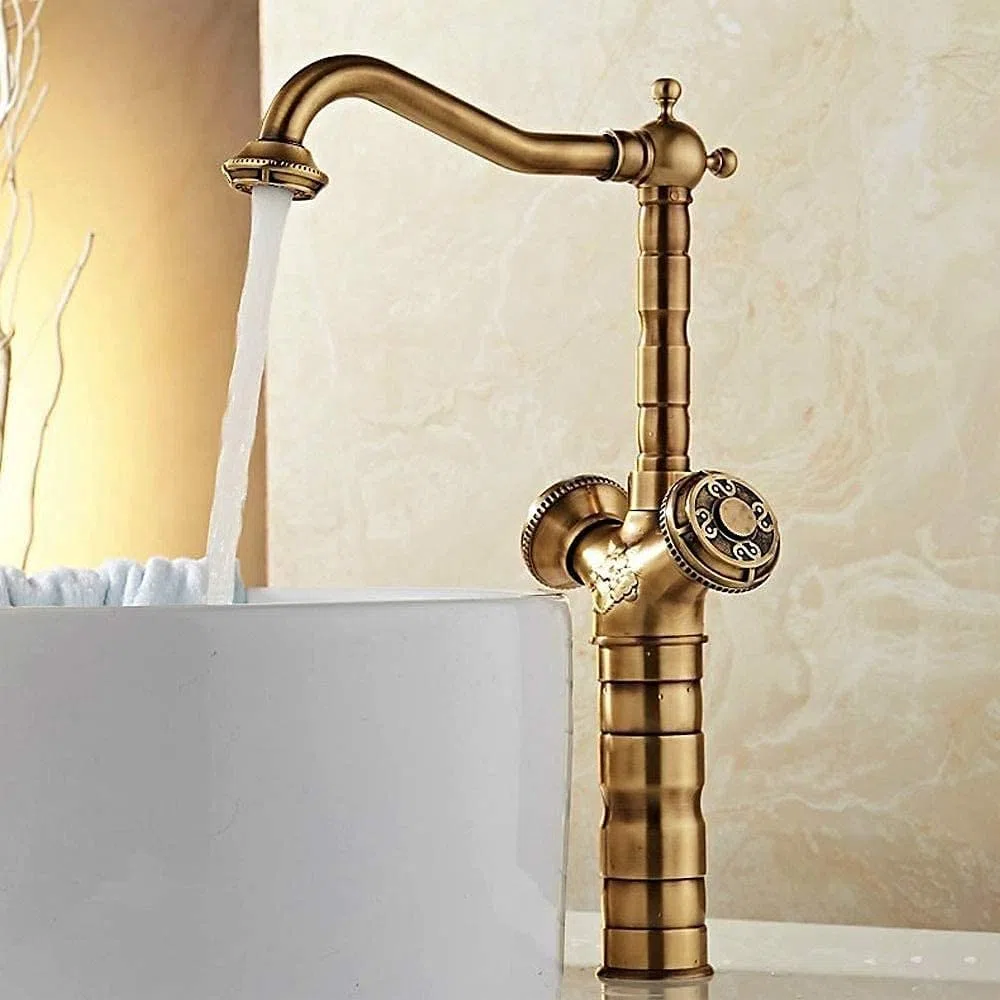 Rubinetto doppia maniglia in ottone antico da cucina in bronzo giallo