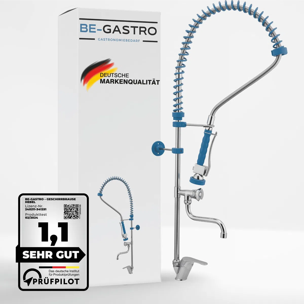 BE-GASTRO | Rubinetto professionale set di prelavaggio stoviglie per cucine di ristoranti Gruppo doccia con miscelatore monoforo, monocomando multigiro e Rubinetteria