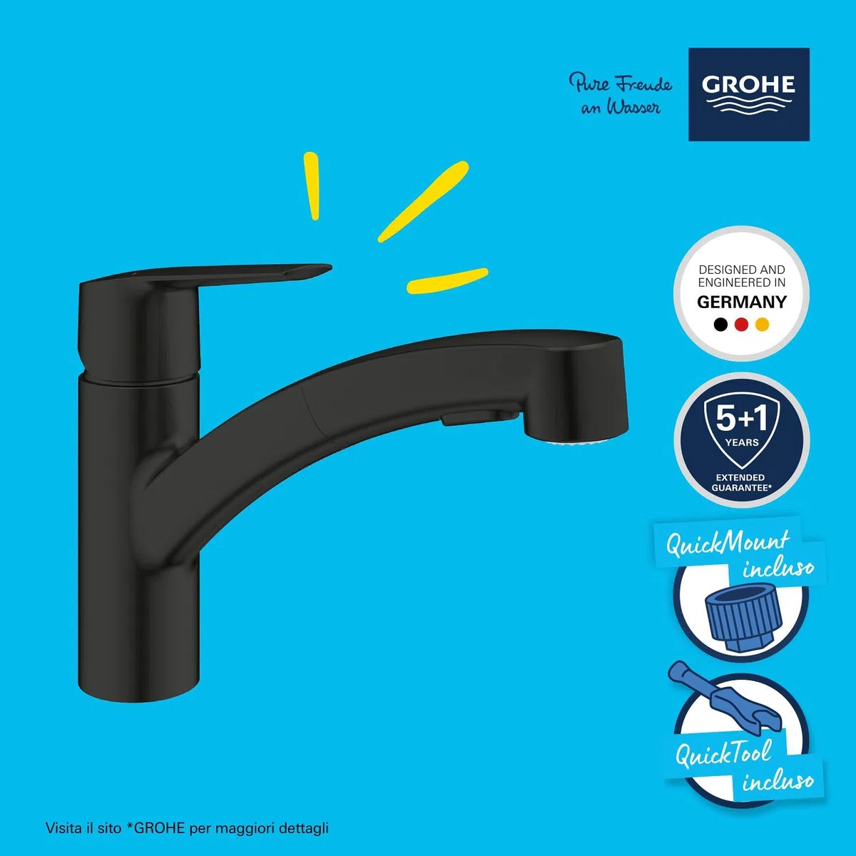 GROHE QUICKFIX Start, Rubinetto Miscelatore monocomando per lavello, con doccetta estraibile a 2 getti, Matt Black, 303072431
