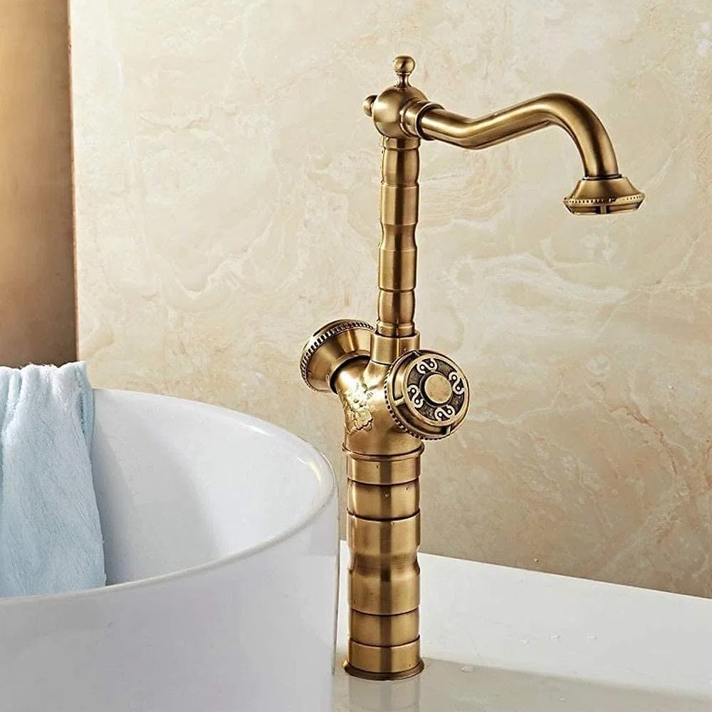 Rubinetto doppia maniglia in ottone antico da cucina in bronzo giallo