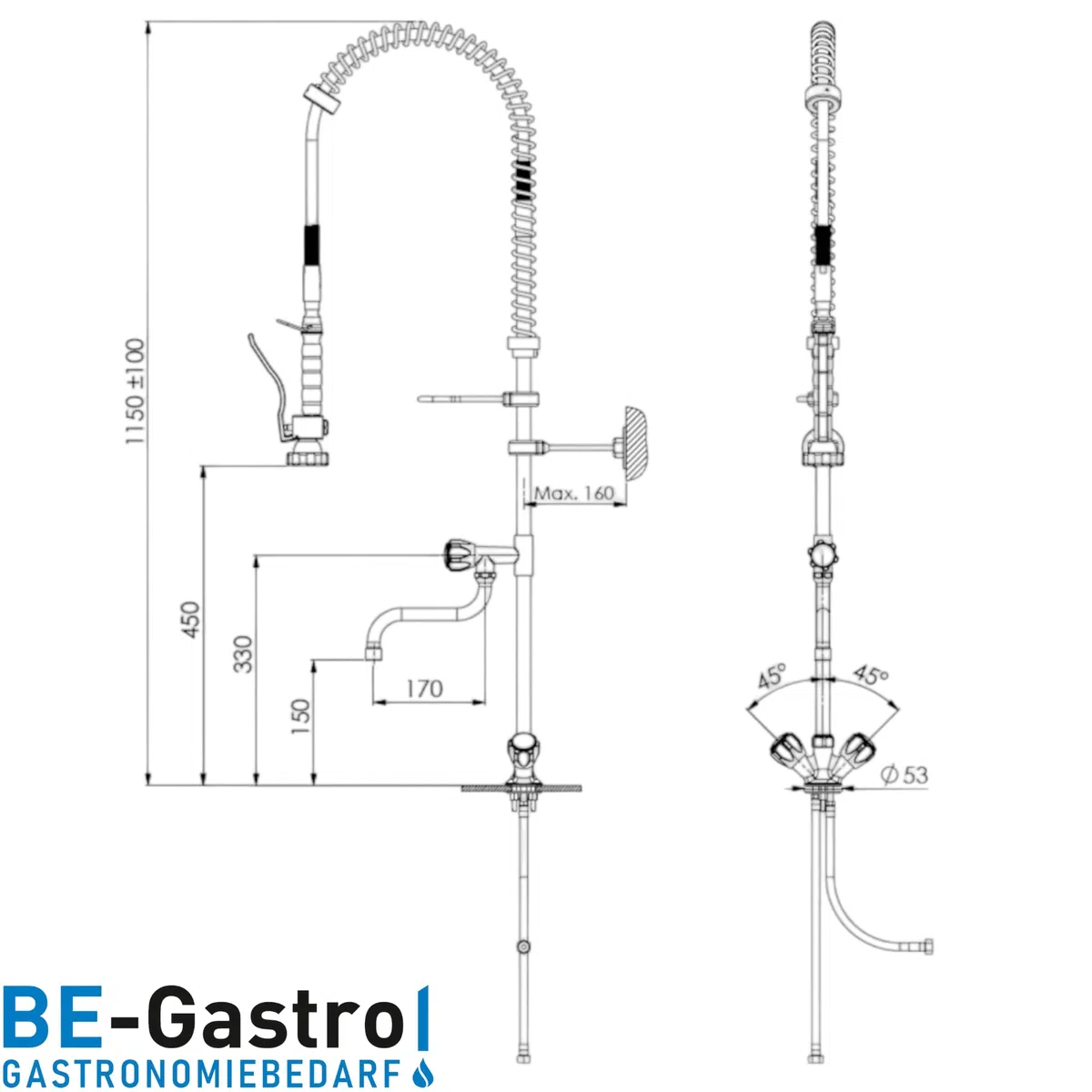 BE-GASTRO | Rubinetto professionale set di prelavaggio stoviglie per cucine di ristoranti Gruppo doccia con miscelatore monoforo, con manopole multigiro e Rubinetteria di servizio