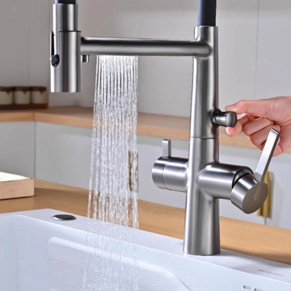 Rubinetto Miscelatore Moderno per Cucina e Bagno, a 3 Vie, Flessibile e Girevole, in Ottone, per Acqua purificata - Grigio