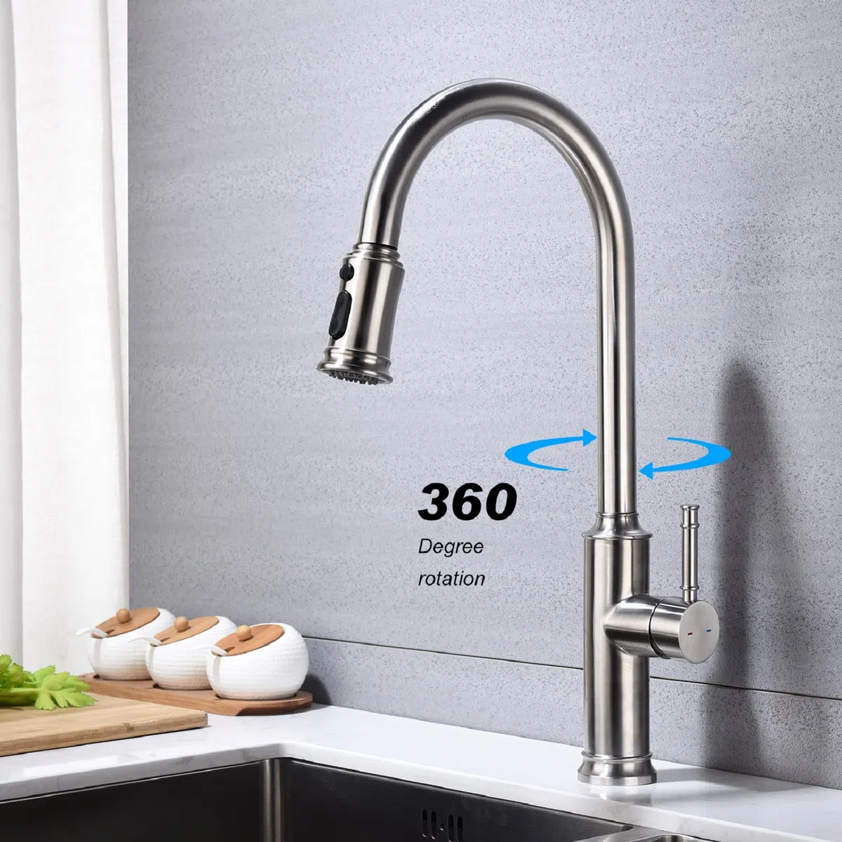 Rubinetti da cucina estraibili ad arco alto con maniglia singola spruzzatore verso il basso for lavelli lavanderia for bar di servizio for camper in fattoria