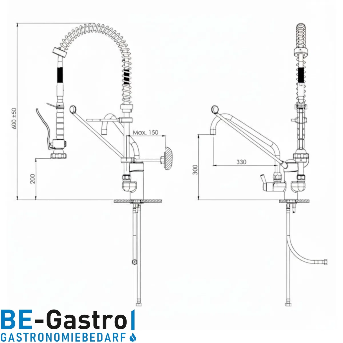 BE-GASTRO | Rubinetto Gruppo doccia con miscelatore monoforo, con leva clinica nera e rubinetto di servizio incorporato, Rubinetteria professionale set di prelavaggio stoviglie per cucine
