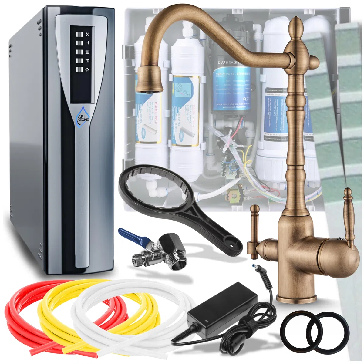 Ari Rubinetto da cucina a 3 vie, per acqua potabile, classico, retrò, con filtro dell'acqua, sistema di filtrazione a osmosi inversa, Nano Pad (ottone)