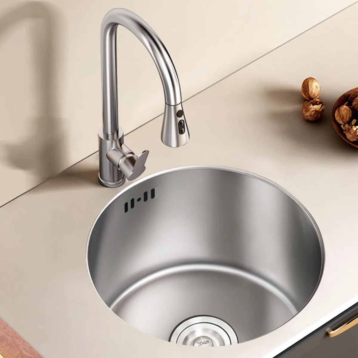 Fregadero de Acero inoxidable para cocina, 1 cubeta con accesorios, lavabo Redondo incorporado, grifo multifuncional giratorio de 360°, fácil de limpiar.