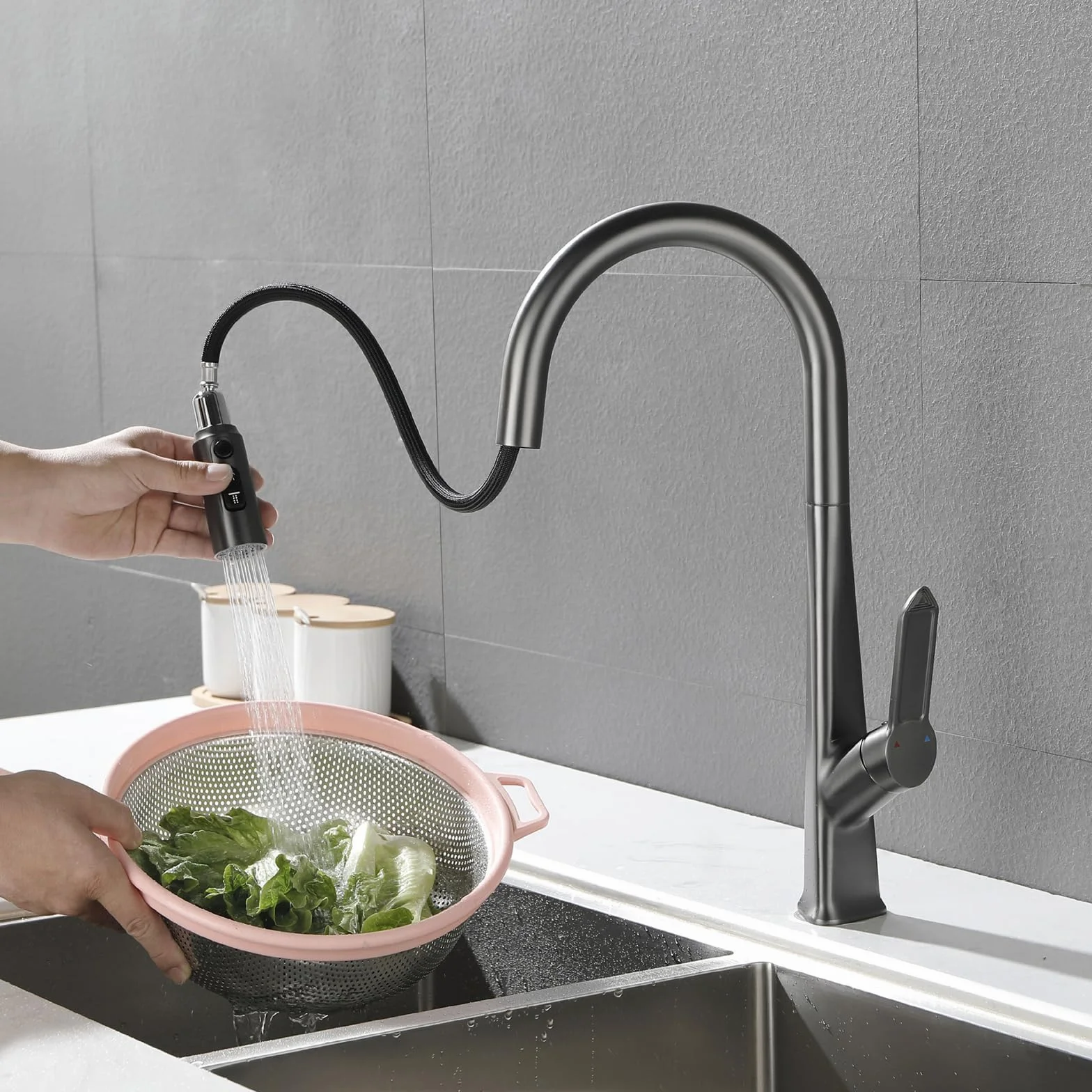 Rubinetto da Cucina A 3 Vie con Filtro per Acqua Potabile, Miscelatore per Lavello in Oro Rosa Spazzolato, Rubinetto A Doppia Maniglia per Uso Domestico E Commerciale, El,Negro-A