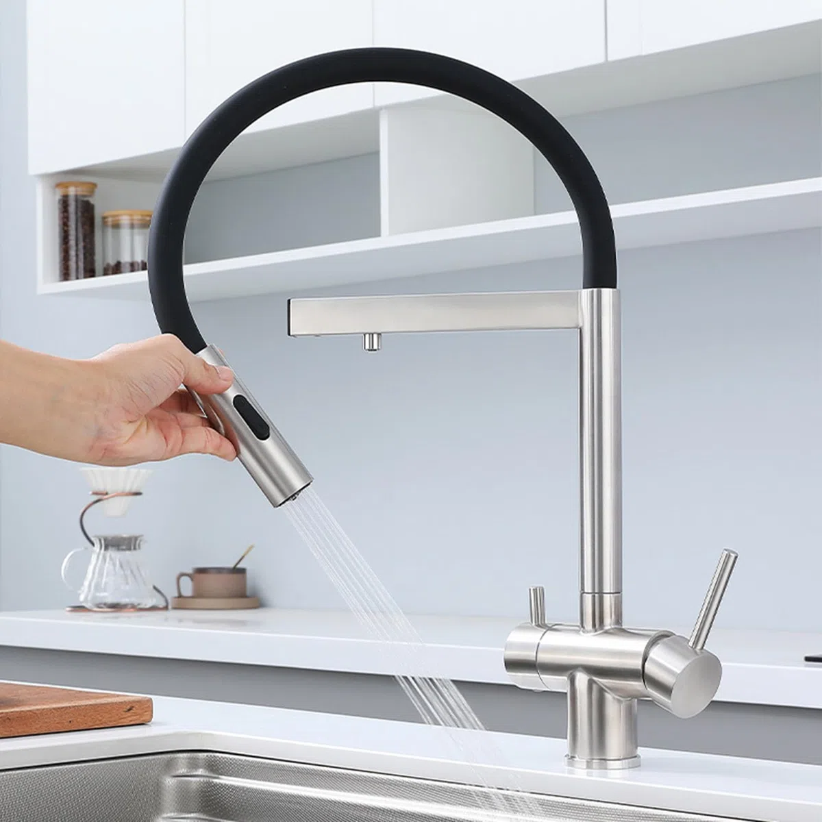 Rubinetto Miscelatore Moderno per Cucina e Bagno, a 3 Vie, Flessibile e Girevole, in Ottone, per Acqua purificata - Grigio